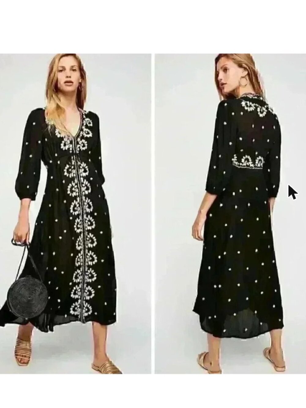 Free People Lily of the valley embroidered black maxi dress bohemian XS